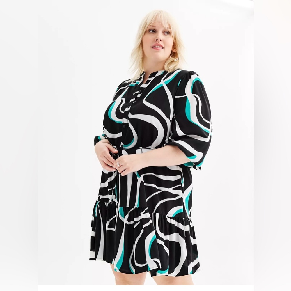 Nine West Plus Size Black Abstract Print Midi Dress W/ Teal 2X